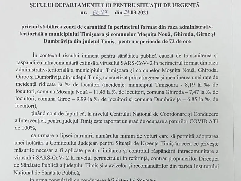 Ordinul DSU prin care Arafat a impus carantina în Timișoara pentru încă trei zile.