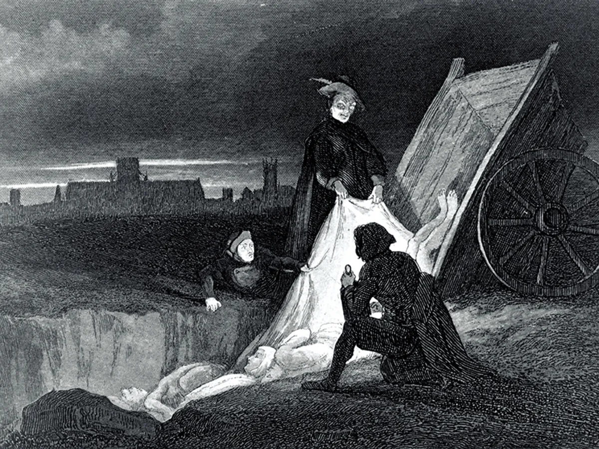 Gravură de J. Franklin (circa 1665).
Cadavre descărcate într-o groapă comună din Londra, în timpul
Marii Ciume