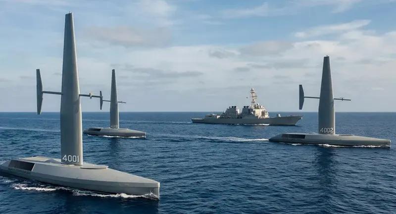 Spectre Silent Endurance și Spectre Stealth Strike &icirc;n comparație cu un distrugător - Foto: Saildrone