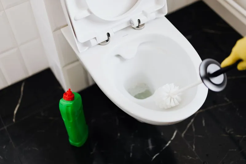 Prim-plan al unei persoane care curăță toaleta cu o perie și detergent - Foto: Pexels (Imagine cu rol ilustrativ)