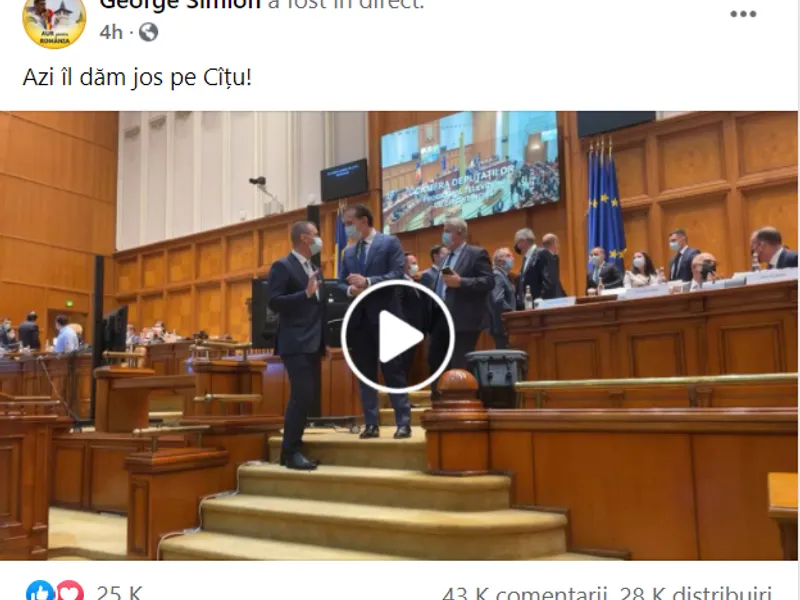 Câștigătorul moțiunii de cenzură, George Simion: video din Parlament distribuit de 28.000 de ori