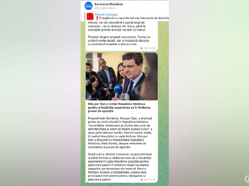 Fake news cu sigla unui site cunoscut din România, postat pe Telegram. Ținta, Maia Sandu - Foto: Euronews România