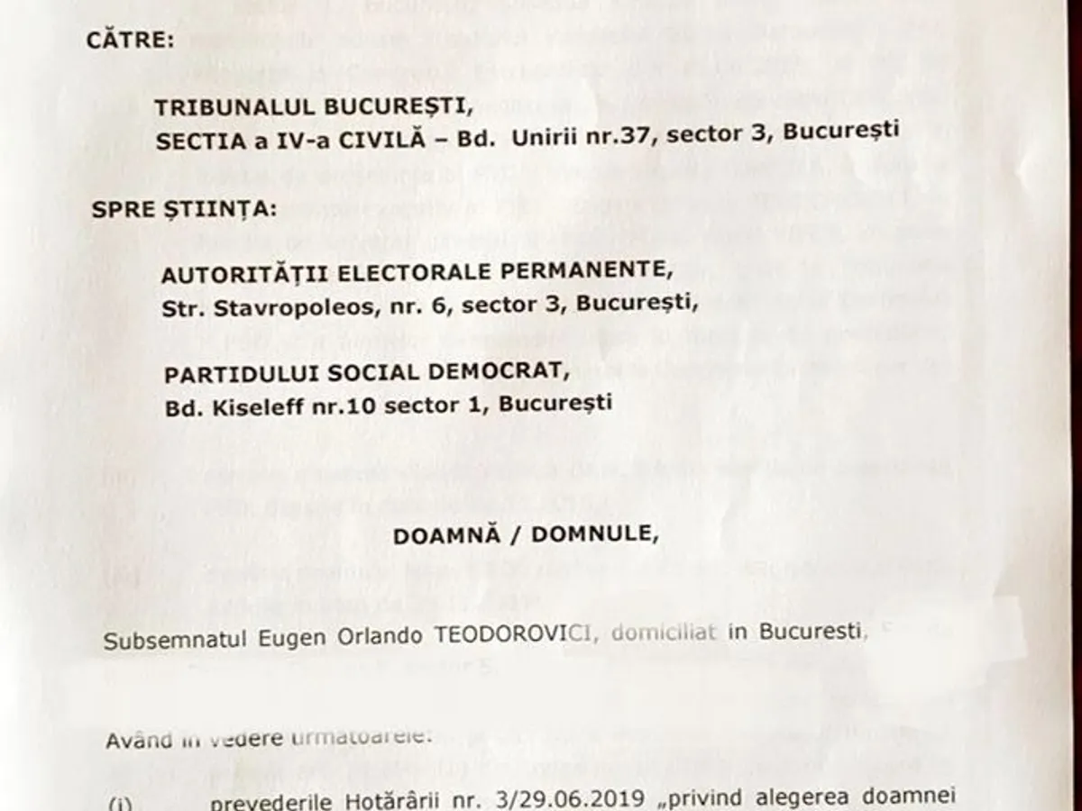 Cererea trimisă de Teodorovici instanței. FOTO: Facebook