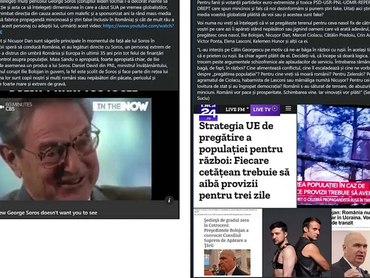O ştire falsă despre un interviu inexistent al lui George Soros şi o poză fake cu Zelenski şi Macron, diseminate printre informaţii corecte - Foto: captură foto Written Evidence Report