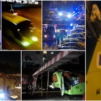 Un autocar s-a strivit după ce a intrat într-un limitator de înălțime. 40 de persoane se aflau în el Foto: colaj observatornews