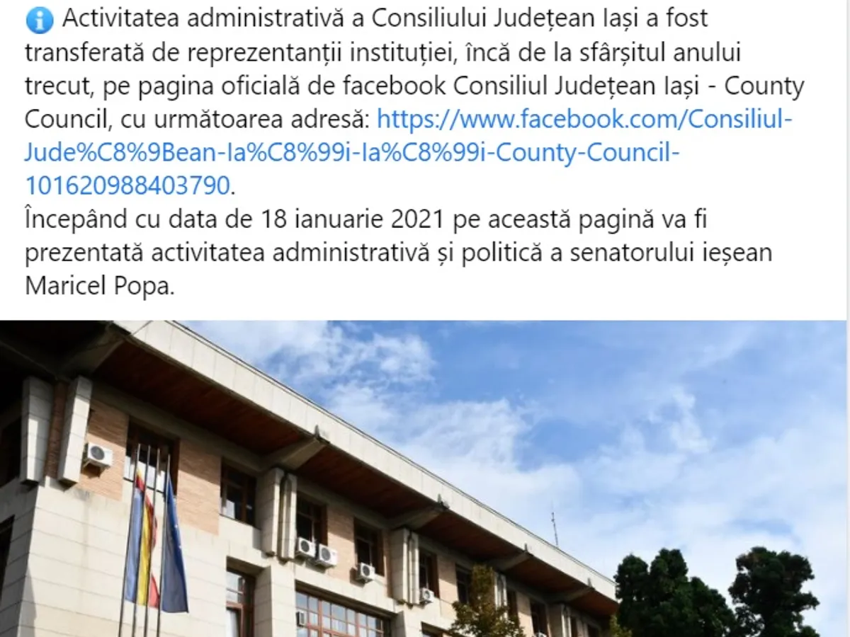 Anunț pe fosta pagină de Facebook a CJ Iași.
