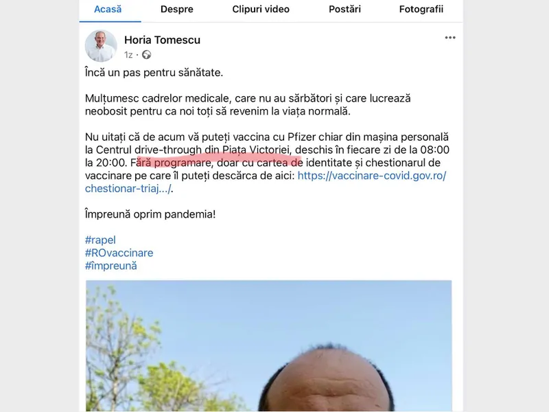 Viceprimarul Tomescu crede că centrul de vaccinare drive-through este la Piața Victoriei/FOTO: Facebook/Horia Tomescu