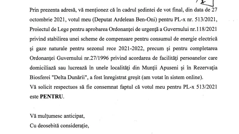 Deputatul Ben-Oni Ardelean susține că a votat greșit o lege și făcut cerere să-și schimbe votul