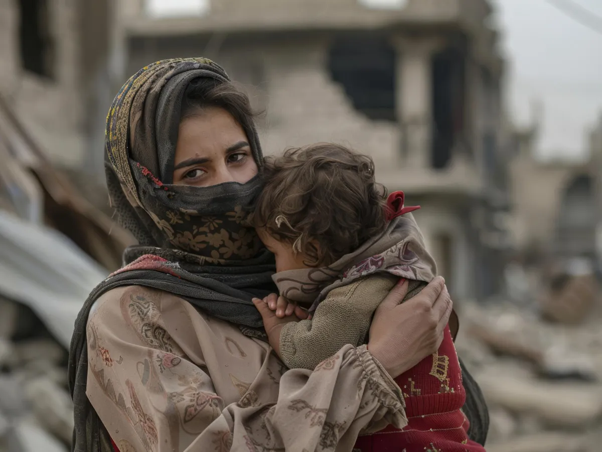 Mamă își îmbrățișează copilul în mijlocul unei tabere de refugiați improvizate - Foto: Freepik (rol ilustrativ)