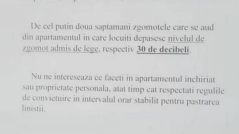 Avertismentul vecinilor pentru un videochat: Zgomotele din apartament depășesc 30 de decibeli. - Foto: Facebook/Asociatii de proprietari din Romania