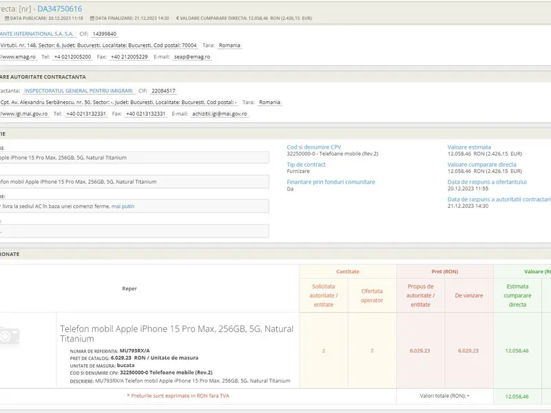 La Inspectoratul General pentru Imigrări a venit „Moșu”: iPhone 15 Pro Max, de 1.560 € bucata - Foto: captură ecran
