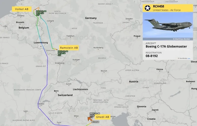 Zborul avionului Globmaster III în Europa - Foto: ItaMilRadar