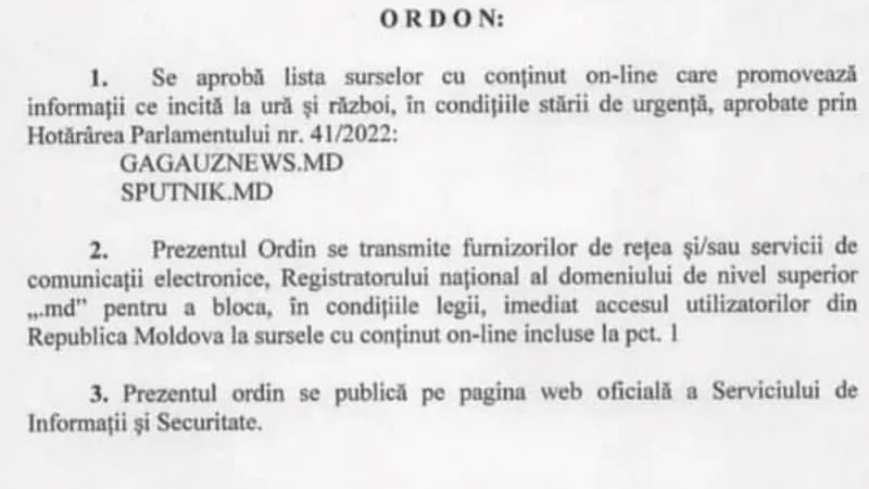 Ordinul de blocare a portalurilor rusești / FOTO: facebook.com