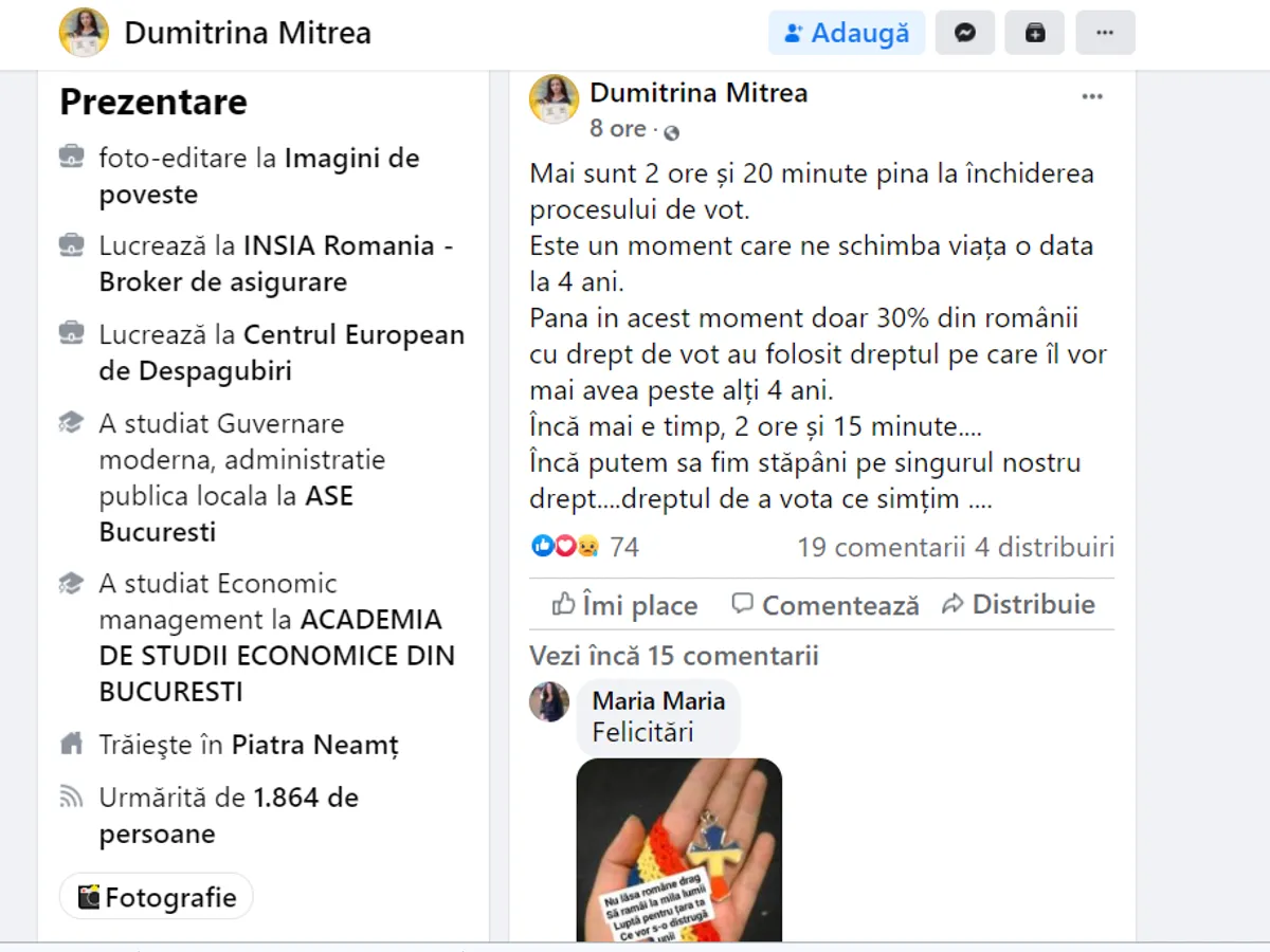 Contul personal de Facebook al Dumitrinei Mitrea, imortalizat de presa locală. Sursă imagine: vestea.net