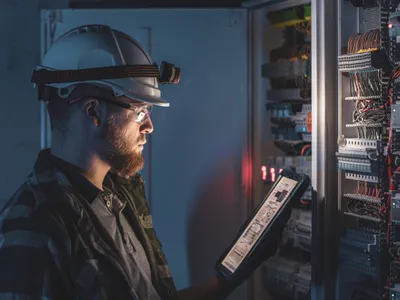 Electrician în salopetă, concentrat la lucrul într-un tablou electric cu siguranțe, folosind o tabletă - Foto: Magnific.com/pvproductions