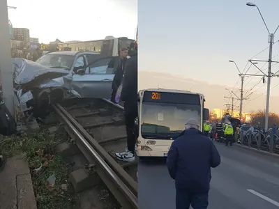 O mașină a zburat pe linia lui 41 și a blocat circulația tramvaielor Foto: facebook