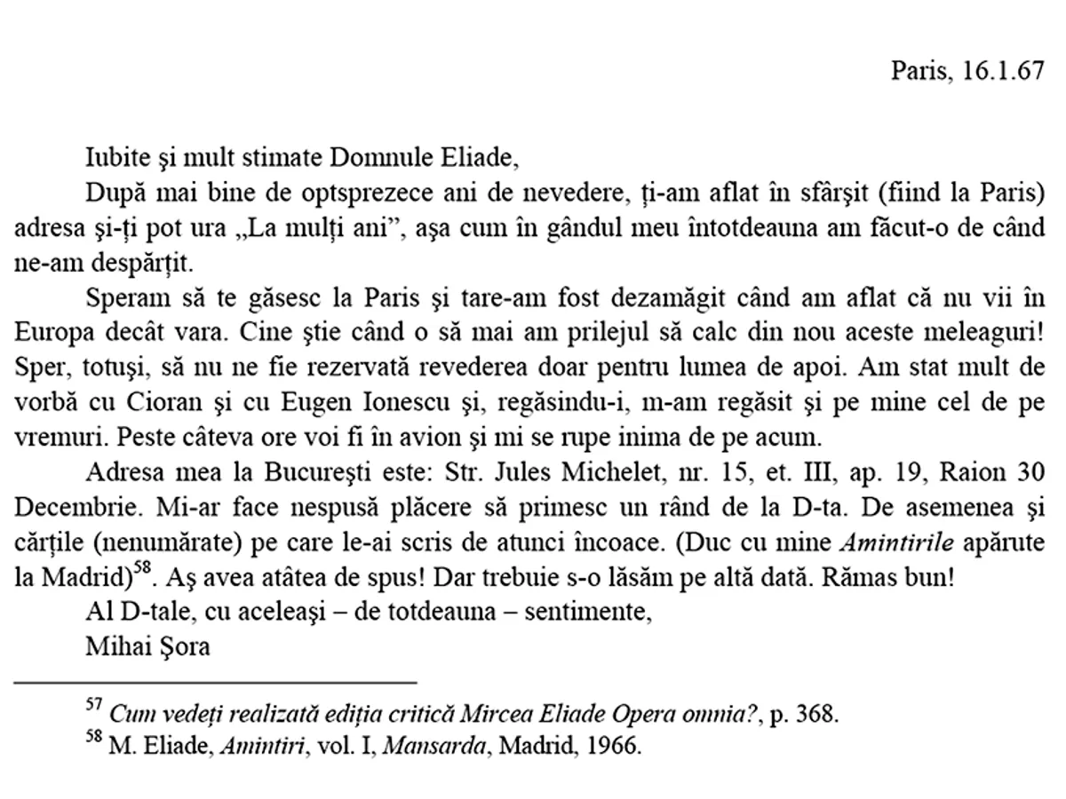 Scrisoarea pe care Mihai Șora, aflat la Paris, i-a trimis-o lui Mircea Eliade în 1967