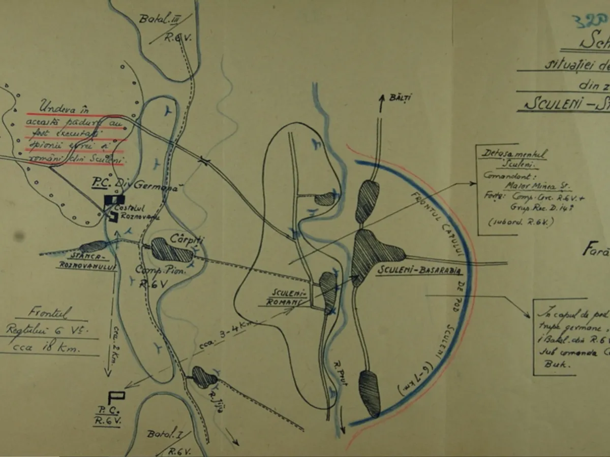 Iulie 1947 – Schița zonei Sculeni – Stȃnca pȃnă la 30 iunie 1941, ȋntocmită de către colonelul Ermil Matieș (comandantul Regimentului 6 Vȃnători) Sursa: USHMM/CNSAS, ds. P.636, vol. 54, f. 320.