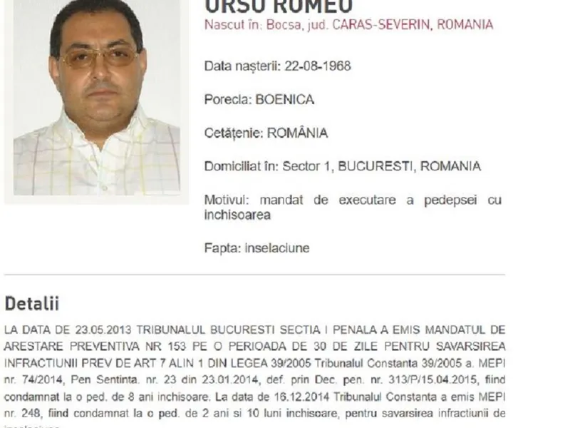 Boenică dat în urmărire Foto: Poliția Română