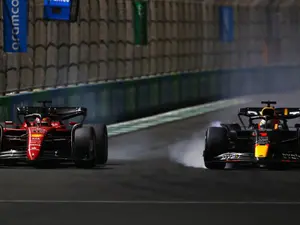 Duel epic, în MP al Arabiei Saudite. Verstappen l-a bătut pe Leclerc la aspirație cu 0,5 sec. / Foto: eurosport.com