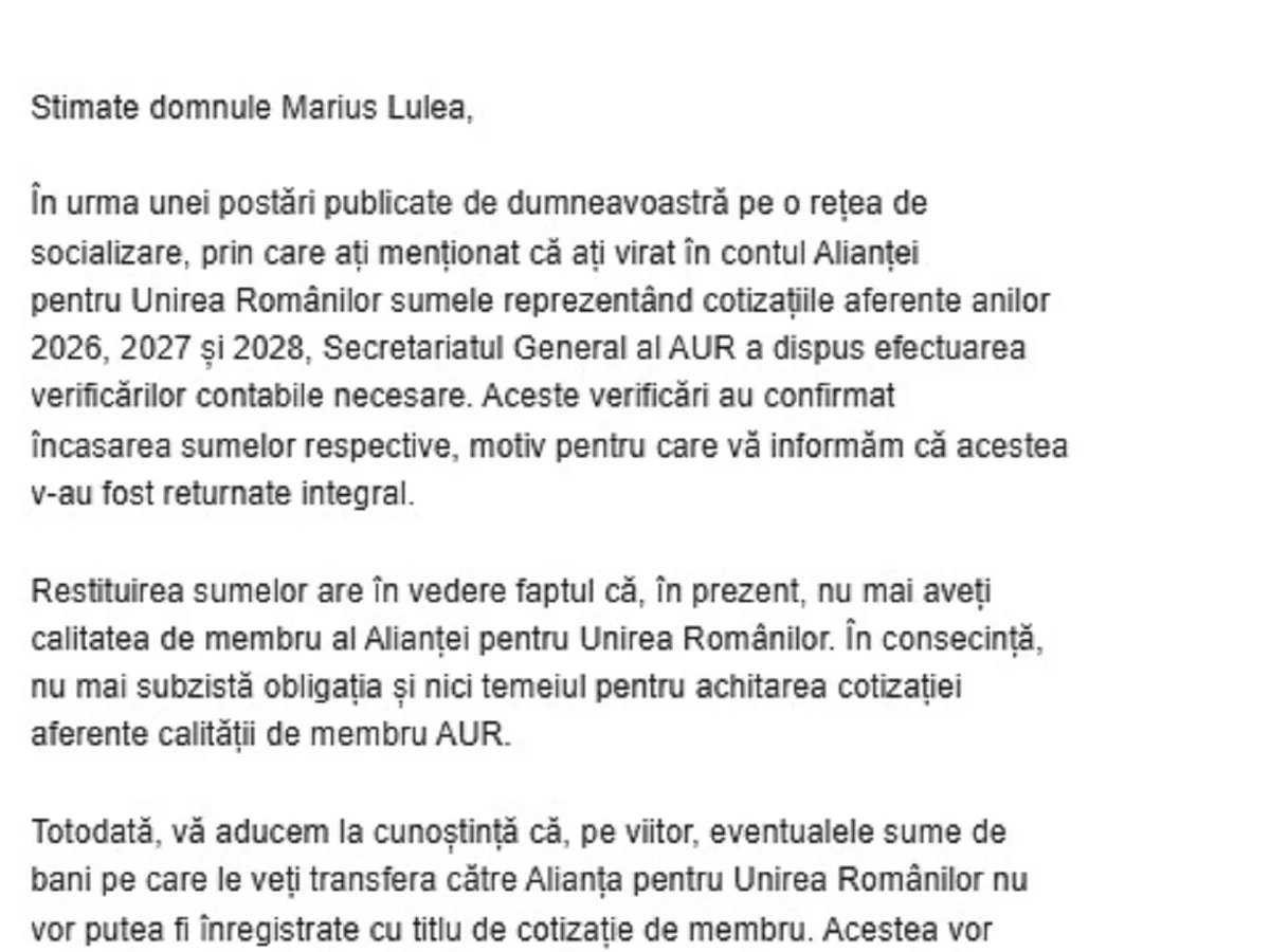 Scrisoare AUR către Lulea - Foto: Arhiva