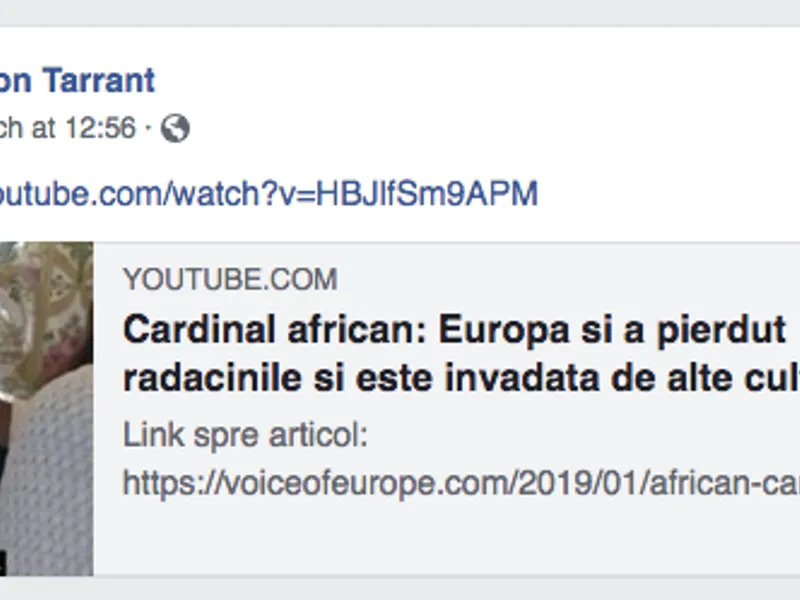 Ucigașul de la moscheile din Noua Zeelandă a postat pe Facebook un clip subtitrat în română/FOTO: twitter.com