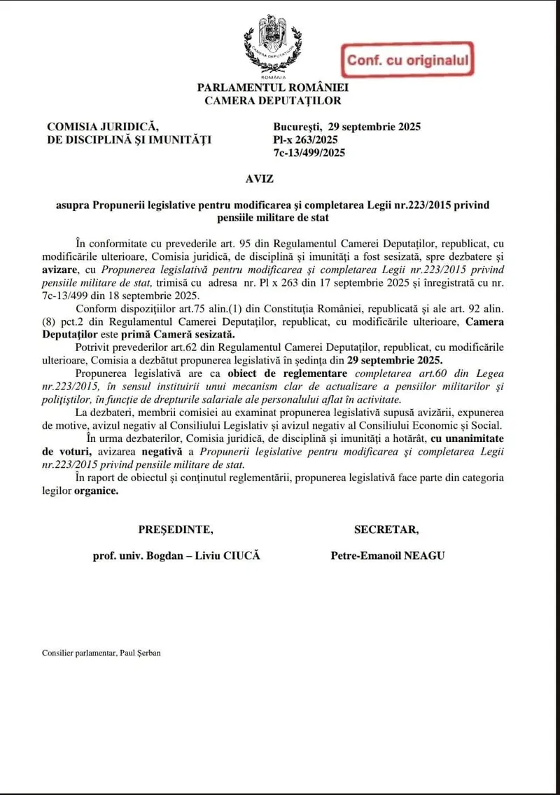 Aviz negativ pe Proiect de lege carear crește pensiile militare - Foto: Cdep