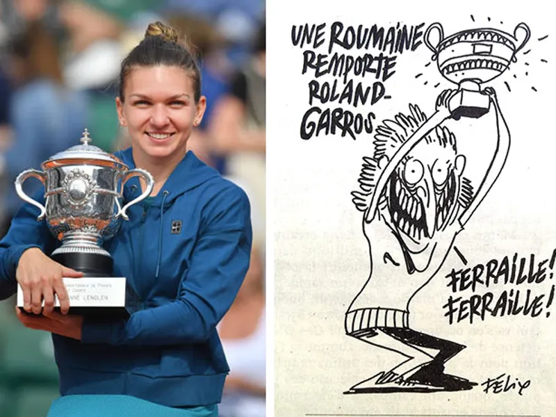 Simona Halep a fost desenată ca fiind o țigancă în căutare de fier vechi în revista Charlie Hebdo, după ce câștigase turneul de Grand Slam la Roland Garros Foto: fanatik.ro