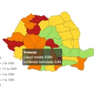 Harta ratei de infectare. Vrancea, cu 5 teste COVID pe zi, e în zona verde. Sursa imagine: datelazi.ro