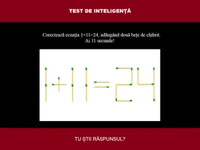 TEST DE INTELIGENȚĂ Corectează ecuația 1+11=24, adăugând doar două bețe de chibrit. Ai 11 secunde - Foto: Colaj Newsweek / mindyourlogic.com