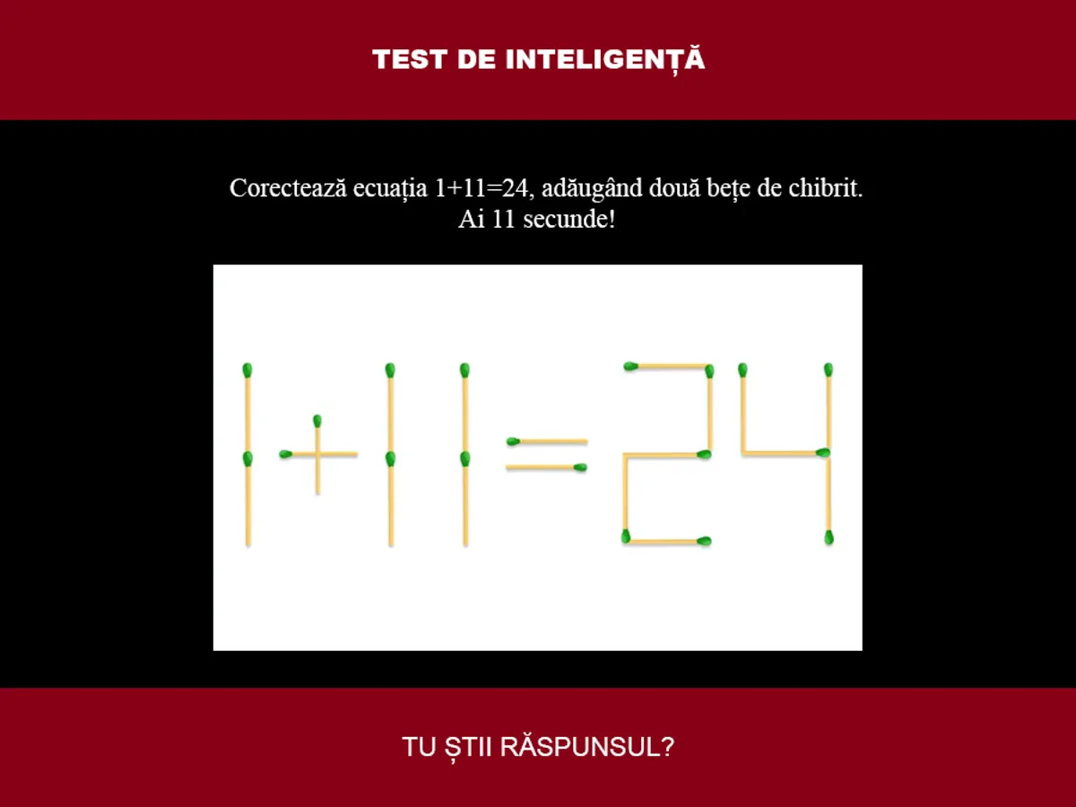 TEST DE INTELIGENȚĂ Corectează ecuația 1+11=24, adăugând doar două bețe de chibrit. Ai 11 secunde - Foto: Colaj Newsweek / mindyourlogic.com