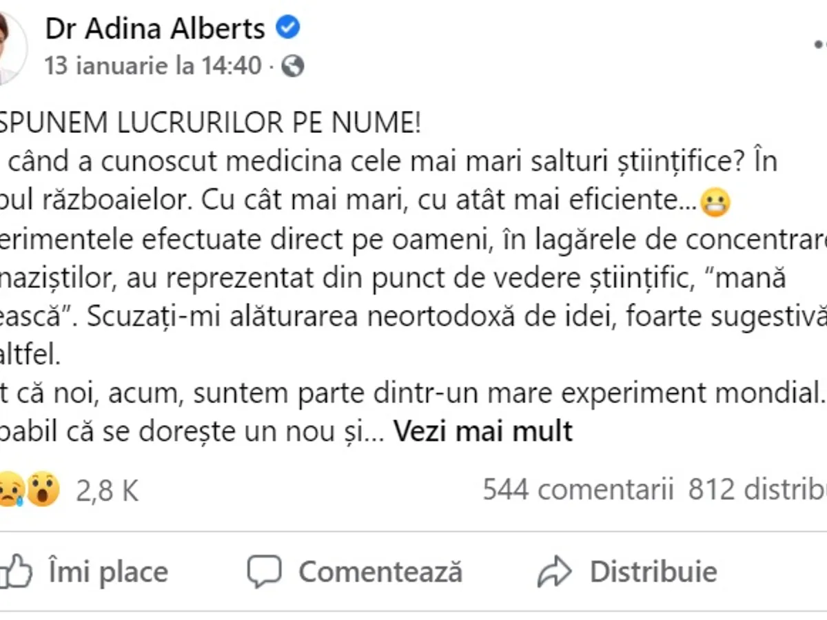 Cel mai recent derapaj al Adinei Alberts de pe Facebook. Scuză experimentele făcute de naziști