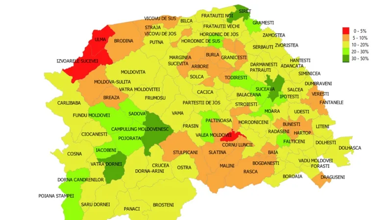 Situația vaccinării în toate localitățile din județul Suceava, la 5 noiembrie. Sursa: INSP