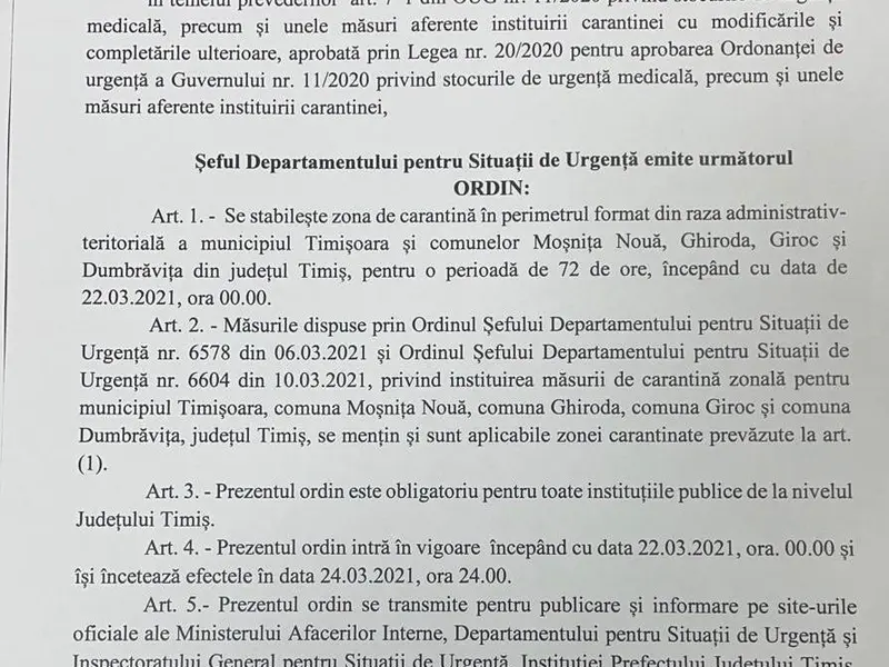 Ordinul DSU prin care Arafat a impus carantina în Timișoara pentru încă trei zile.