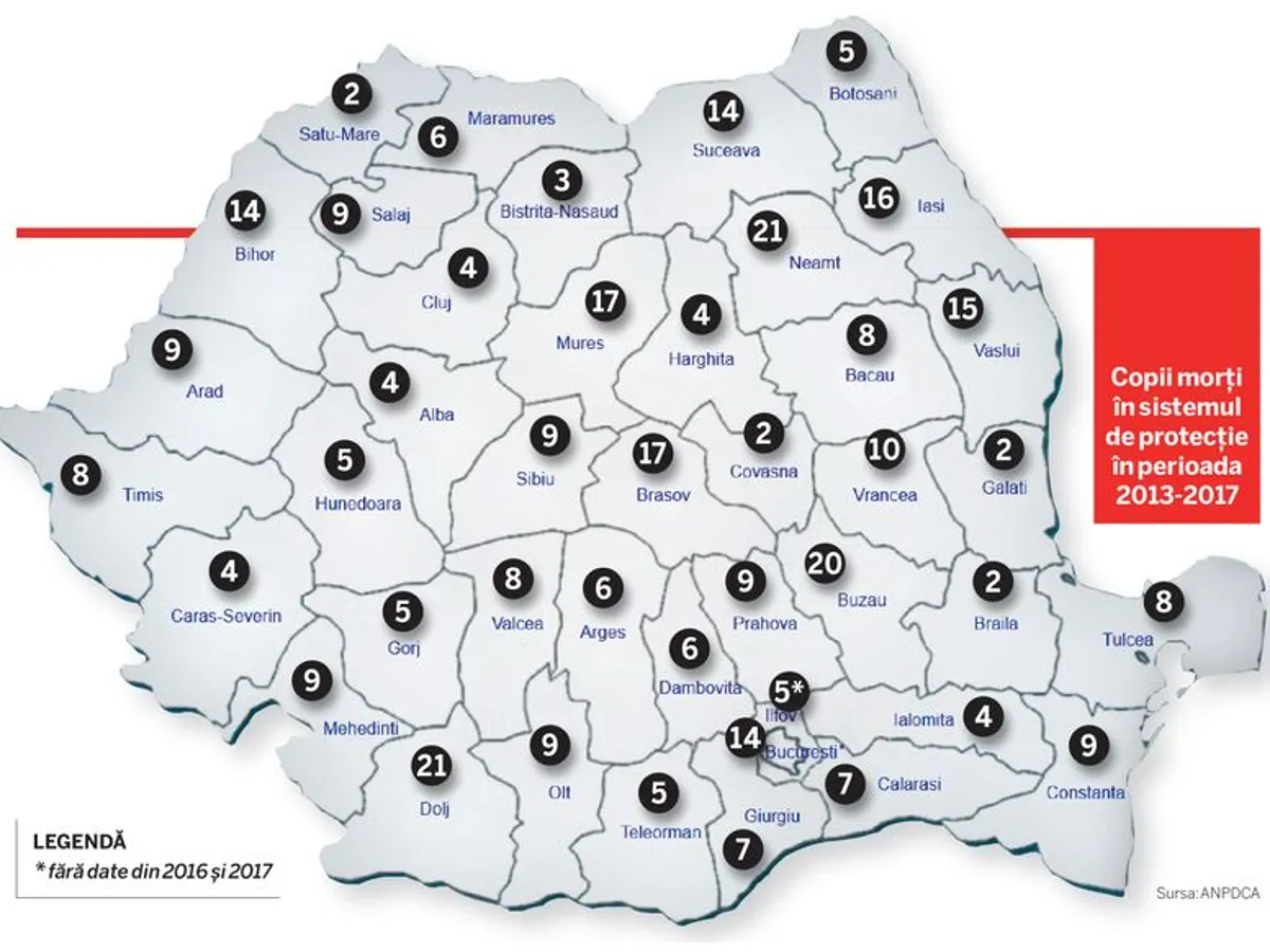 Harta deceselor în sistemul de protecție românesc, între 2013 și 2017, realizată de Newsweek România. Datele provin de la ANPDCA și direcțiile pentru protecția copilului.