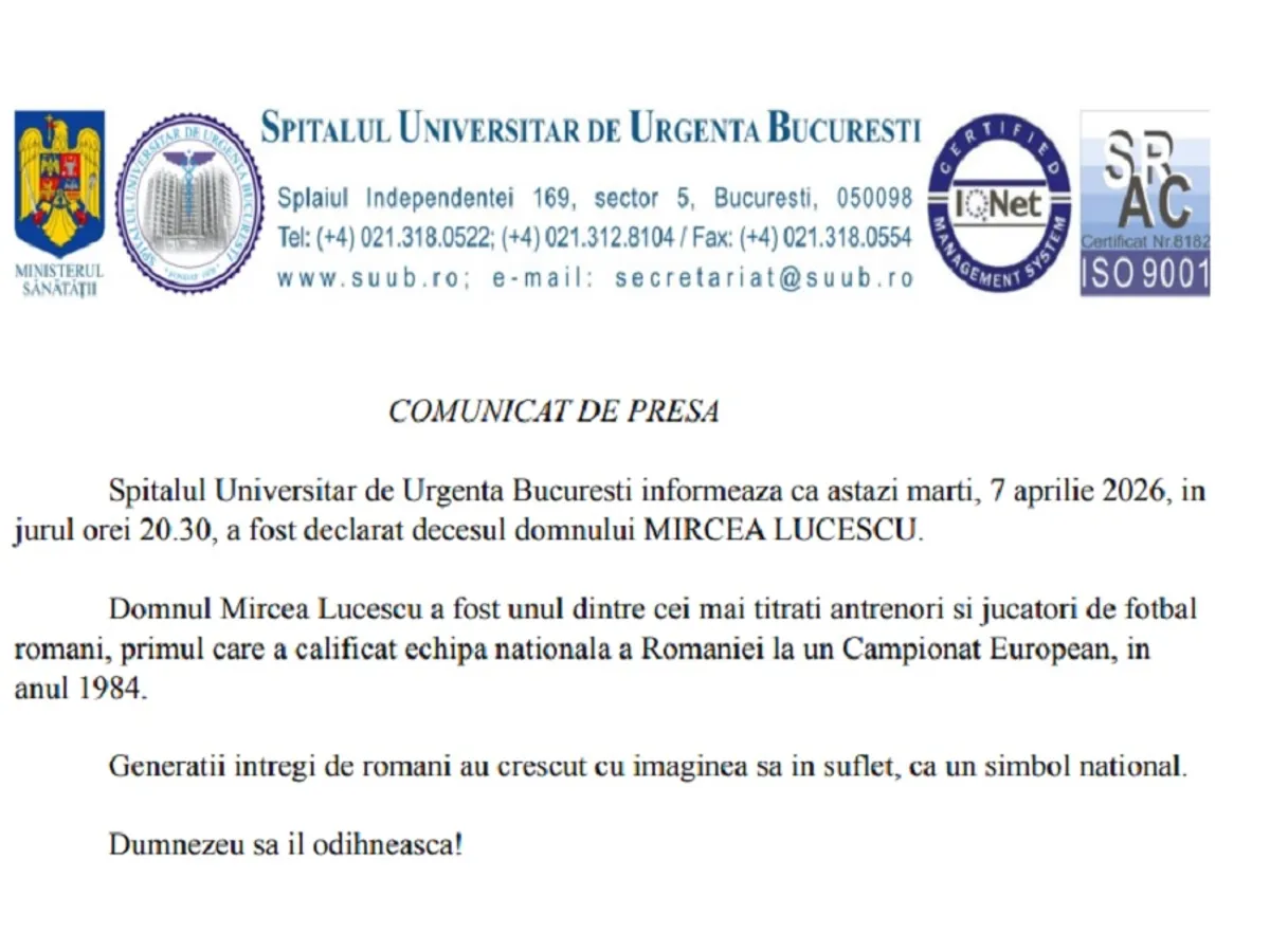 Anunț spital deces Mircea Lucescu