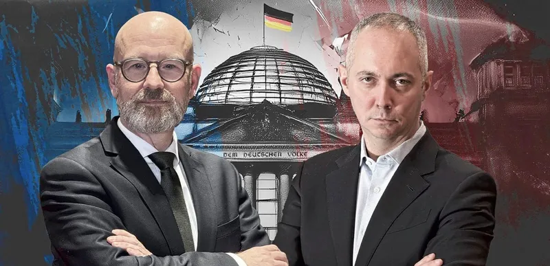 Peter Tauber, &bdquo;cancelarul german&rdquo; &icirc;n jocul de război, și Alexander Gabuev ca &bdquo;președinte al Rusiei&rdquo; - Foto: Die Welt