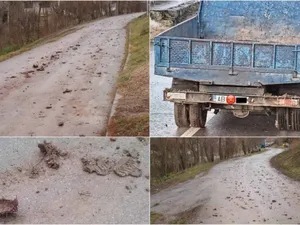 Camioneta și murdăria lăsată pe o strada din comuna Ciugud - Foto: Colaj/Facebook