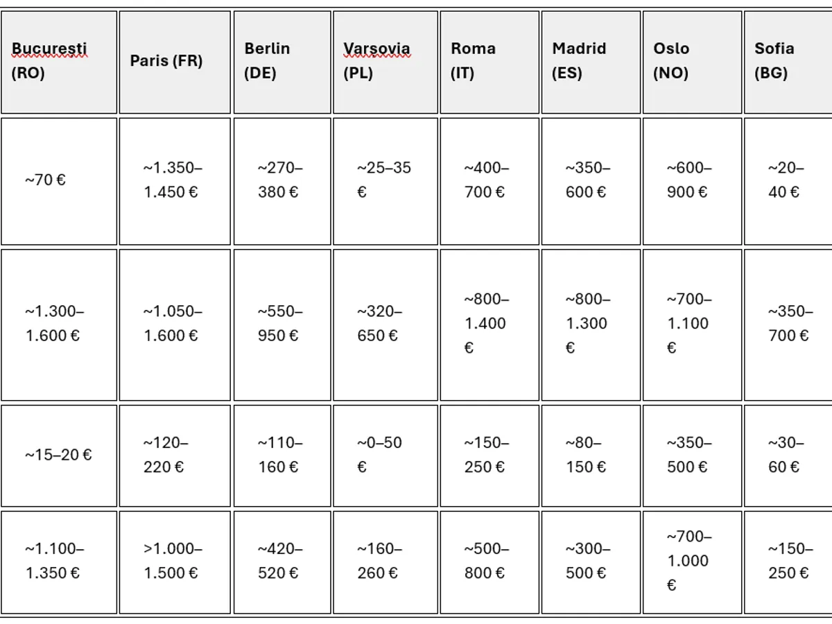 Tabel comparativ pe diferite categorii de taxe și impozite