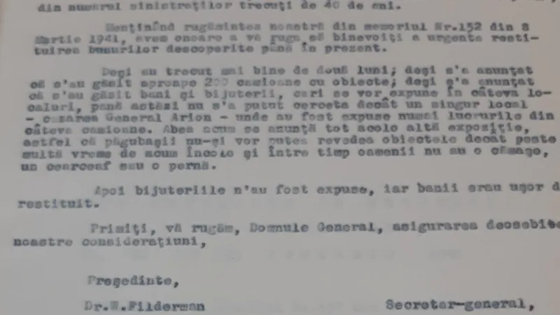 Memoriul înaintat de Federația Uniunilor de Comunități Evreiești. Sursa: CSIER, Fond Teroarea legionară. Măsuri și acțiuni antievreiești în București, dosar III 943, fila 105 (2))