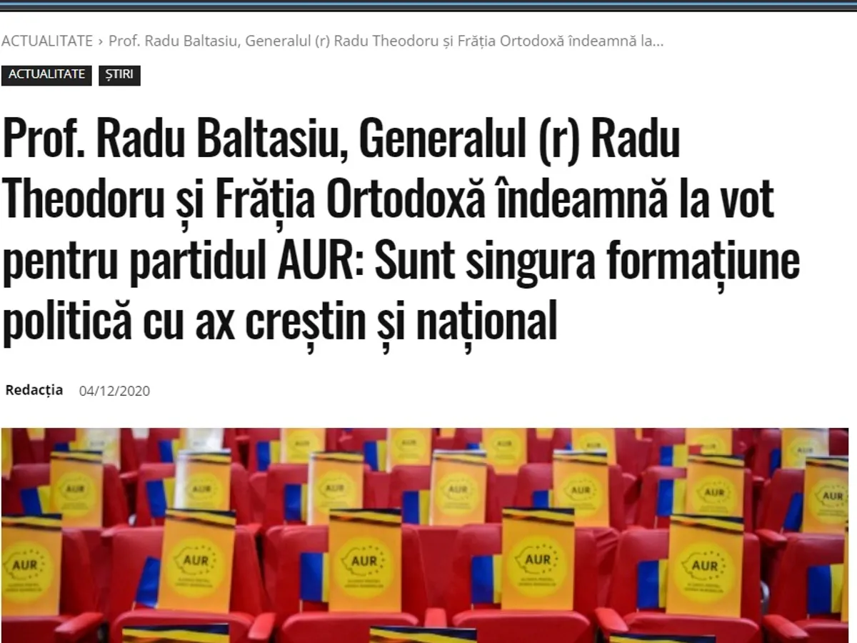 Theodoru, citat în R3Media, îndemnând oamenii să voteze AUR