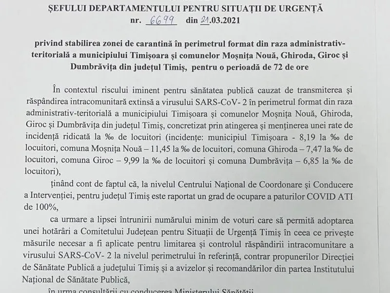 Ordinul DSU prin care Arafat a impus carantina în Timișoara pentru încă trei zile.