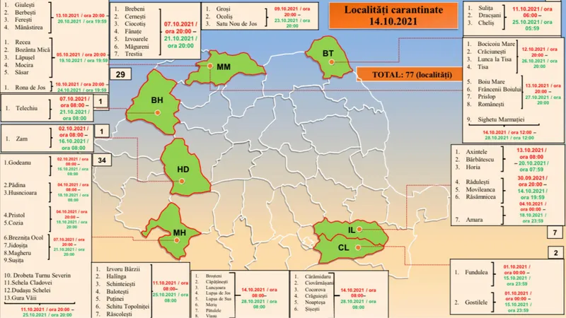 Localitățile carantinate în România, până în 14 octombrie. Sursa: CNCCI