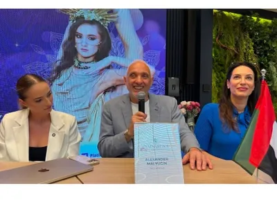 Anastasiya Zakreuskaya, o fostă sportivă din Belarus, omul de afaceru rus Alexander Malyiugin și Irina Deleanu, președinta Federației Române de Gimnastică Ritmică, la Solo Cup Dubai 2025 Foto: INSTAGRAM
