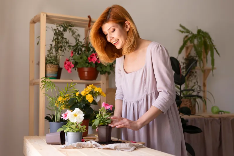 Femeie z&acirc;mbitoare &icirc;ngrijind o plantă - Foto: Magnific.com (Imagine cu rol ilustrativ)