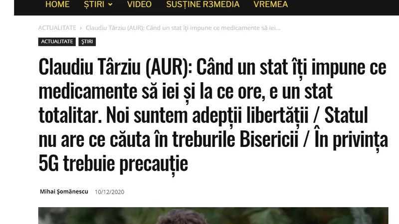 Claudiu Târziu, interviu în R3Media, publicație care susține AUR. SursA: captură foto r3media.ro