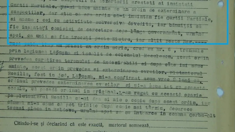 Mărturia unui plutonier despre ordinele date de șefii Jandarmeriei. Sursă document: Institutul Elie Wiesel