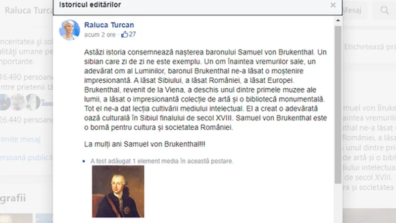 Raluca Turcan i-a urat „La mulţi ani!” baronului Samuel von Brukenthal. A decedat în 1803. / Foto: news.ro