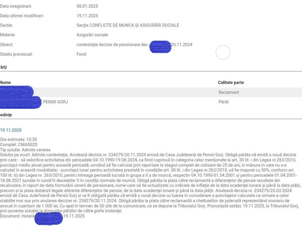 Decizie Tribunal - Foto: Dosar pensii