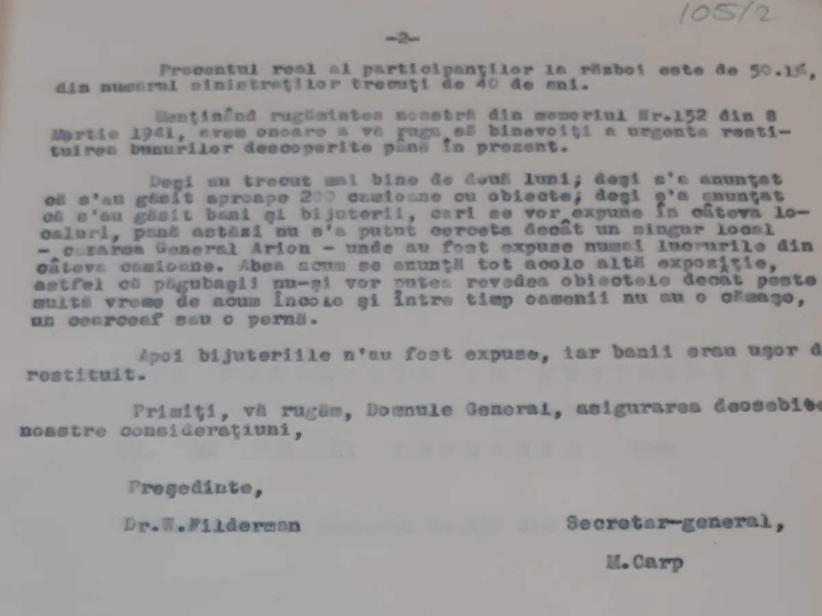 Memoriul înaintat de Federația Uniunilor de Comunități Evreiești. Sursa: CSIER, Fond Teroarea legionară. Măsuri și acțiuni antievreiești în București, dosar III 943, fila 105 (2))
